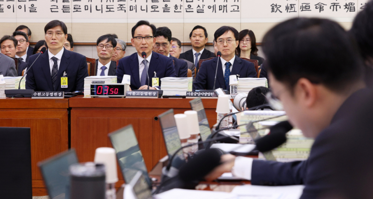 김대웅 서울고등법원장이 16일 서울 여의도 국회에서 열린 법제사법위원회 국정감사(서울고등법원 등)에서 의원 질의에 답변하고 있다. /사진=뉴시스 /사진=고범준