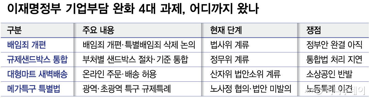 이재명정부 기업부담 완화 4대 과제, 어디까지 왔나/그래픽=최헌정
