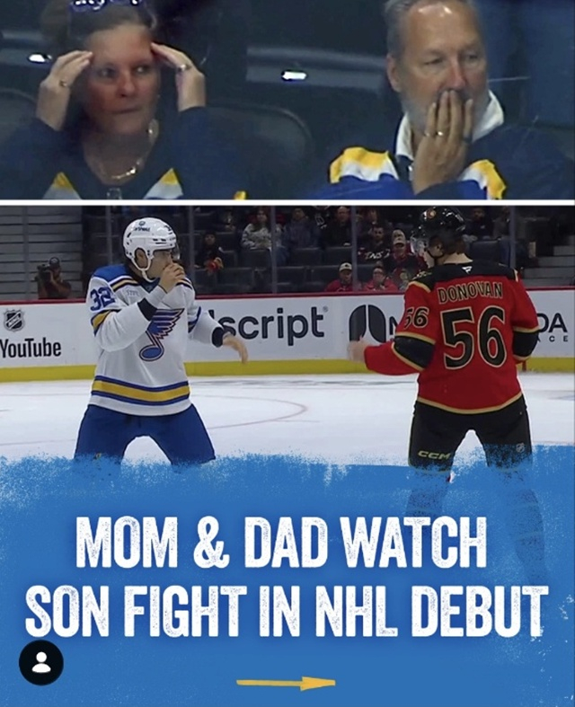 딜런 피터슨의 부모가 아들의 NHL 데뷔전 난투 장면을 지켜보며 놀란 표정을 짓고 있다. /사진=세인트루이스 블루스 SNS