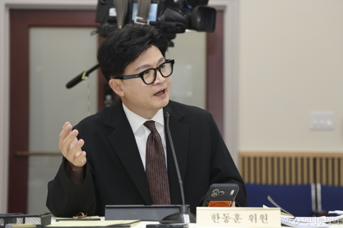 한동훈 무소속 의원이 12일(현지 시간) 미국 워싱턴DC 주미대사관에서 열린 국회 외교통일위원회 국정감사에서 질의하고 있다./사진=뉴시스