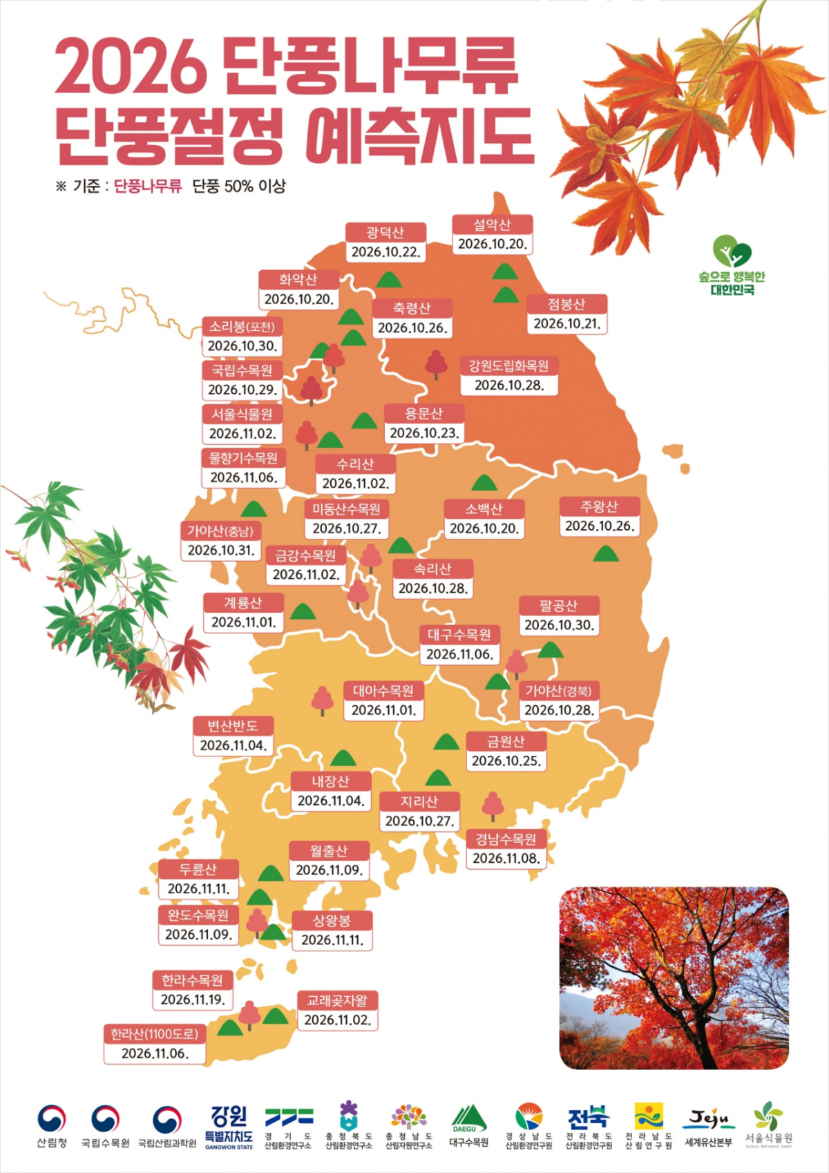 2026년 단풍 절정 예측지도(단풍나무 기준). /사진제공=산림청.