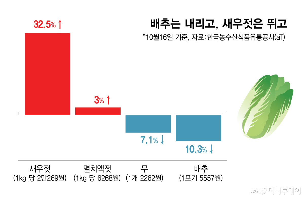 배추는 내리고, 새우젓은 뛰고/그래픽=김현정