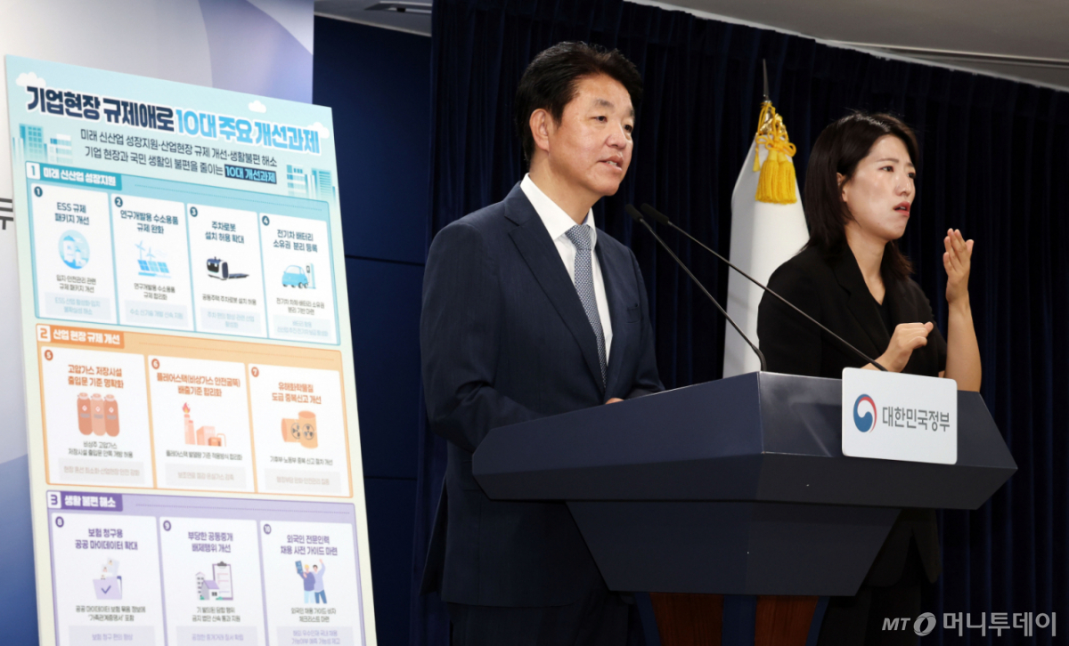 (서울=뉴스1) 이종덕 기자 = 손동규 국무조정실 규제조정실장이 27일 서울 세종로 정부종합청사에서 기업현장 규제애로 10대 주요 개선과제를 발표하고 있다. 이날 브리핑은 28일 한성숙 총리 주재 경제단체 대표자들과 간담회에 앞서 이뤄졌다. 2026.8.27/뉴스1 Copyright © 뉴스1. All rights reserved. 무단 전재 및 재배포, AI학습 이용 금지. /사진=(서울=뉴스1) 이종덕 기자