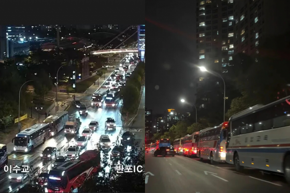 이날 교통 정체는 주말을 맞아 차량과 방문객이 몰린 데다 폭우까지 겹치면서 심화한 것으로 보인다. 지난 18일 기상청에 따르면 이날 전국에는 돌풍과 천둥번개를 동반한 강한 비가 내렸다. /사진=온라인 커뮤니티 더쿠 캡처