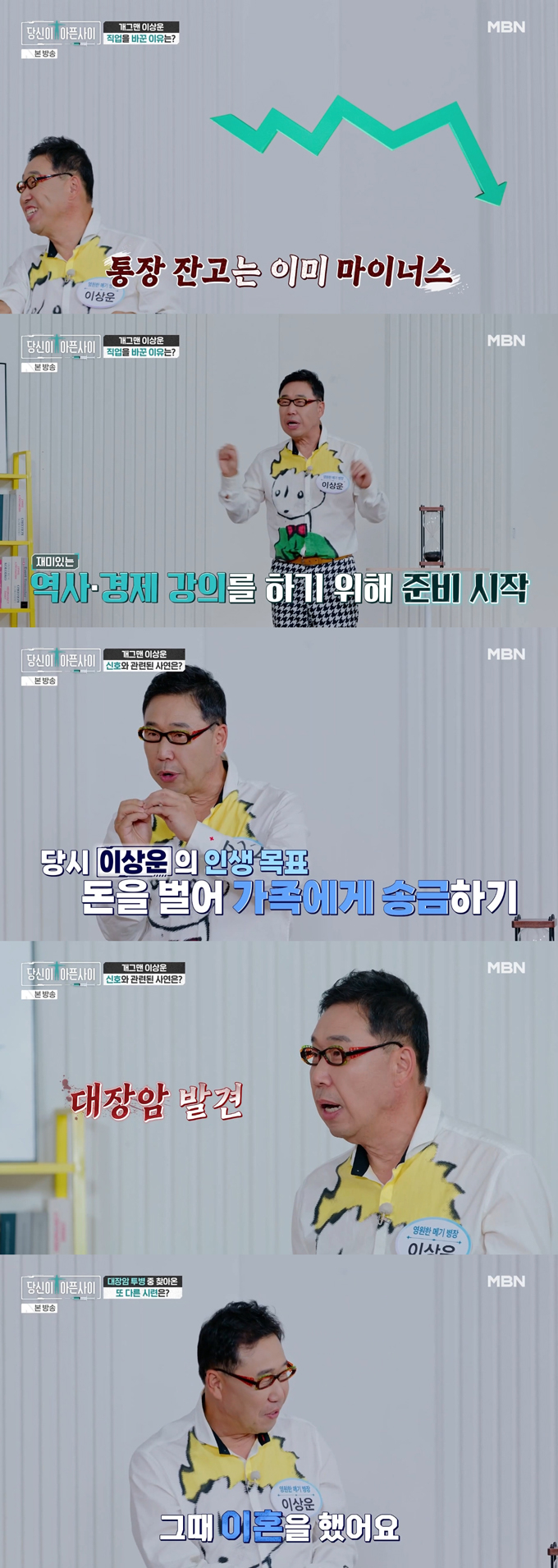 개그맨 이상운이 기러기 아빠 생활 중 대장암 투병과 이혼 소송을 겪은 아픔을 털어놨다. /사진=MBN '당신이 아픈 사이' 방송 화면