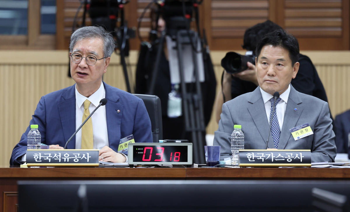 손주석 한국석유공사 사장(왼쪽)과 홍의락 한국가스공사 사장이 19일 대구 동구 한국가스공사 본사에서 열린 2026년도 국회 산자중기위원회의 한국가스공사, 한국석유공사, 강원랜드, 대한석탄공사, 한국가스기술공사, 한국가스안전공사, 한국석유관리원, 한국광해광업공단 등 8개 공공기관에 대한 국정감사에서?의원 질의를 듣고 있다. 2026.10.19/뉴스1 Copyright © 뉴스1. All rights reserved. 무단 전재 및 재배포, AI학습 이용 금지. /사진=(대구=뉴스1)