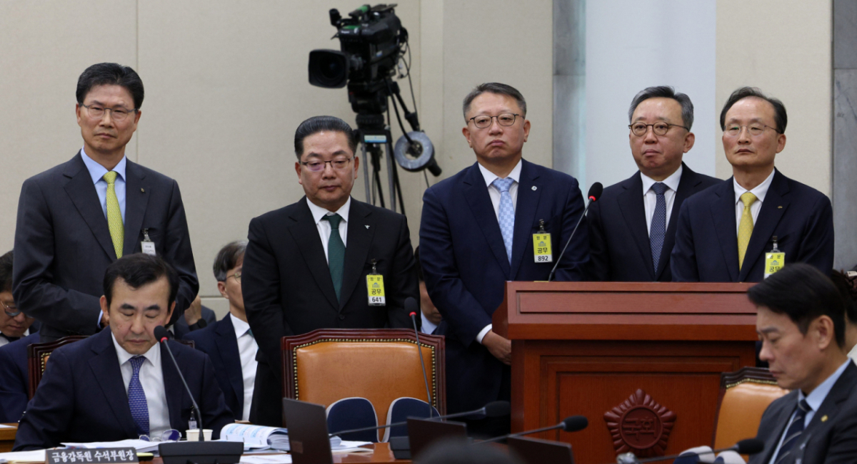 강태영(왼쪽부터) NH농협은행장, 정상혁 신한은행장, 이호성 하나은행장, 정진완 우리은행장, 이환주 KB국민은행장이 19일 서울 여의도 국회에서 열린 정무위원회 국정감사(금융감독원 등)에서 의원 질의를 듣고 있다. /사진=뉴시스