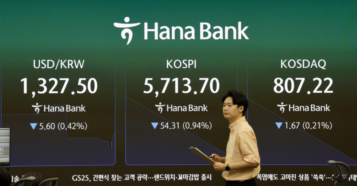 Major indices are displayed on the electronic board in the dealing room of Hana Bank in Jung-gu, Seoul, Tuesday. / MoneyToday photo by Kim Hye-jin