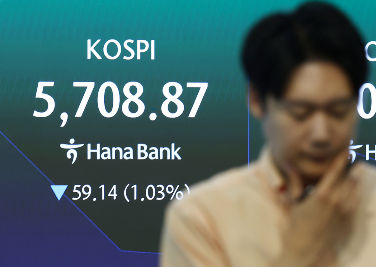 A large screen in the dealing room of Hana Bank in Jung-gu, Seoul, displayed the KOSPI and KOSDAQ indices as the KOSPI opened at 5733.57, down 0.60%, Tuesday. / NEWS1