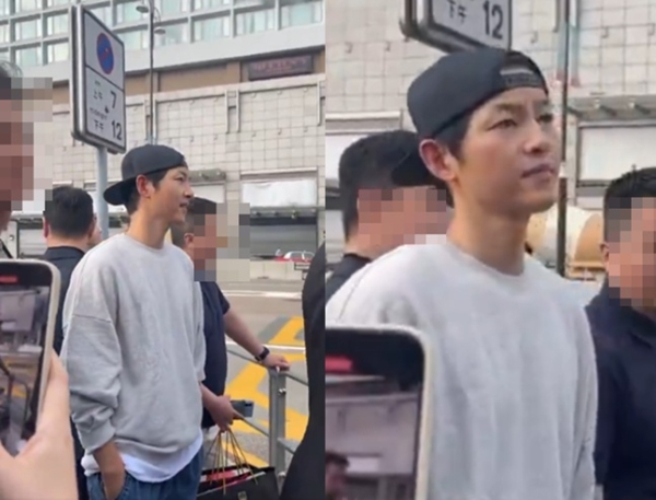 배우 송중기(41)가 전처인 배우 송혜교(44)의 이름을 들은 후 얼굴을 찌푸리는 모습이 포착됐다./사진=SNS