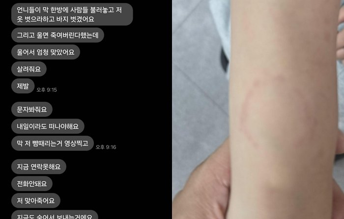 피해 학생의 아버지라고 밝힌 A씨가 공개한 문자메시지에서 딸은 "아빠 살려주세요. 언니들한테 맞아 죽을 것 같아요"라고 호소했다. 또 "언니들이 한 방에 사람들을 불러놓고 옷을 벗으라고 하고 바지까지 벗겼다", "막 뺨 때리고 주먹으로 머리 치고 물고 머리채를 뜯었다"고 당시 상황을 전했다.