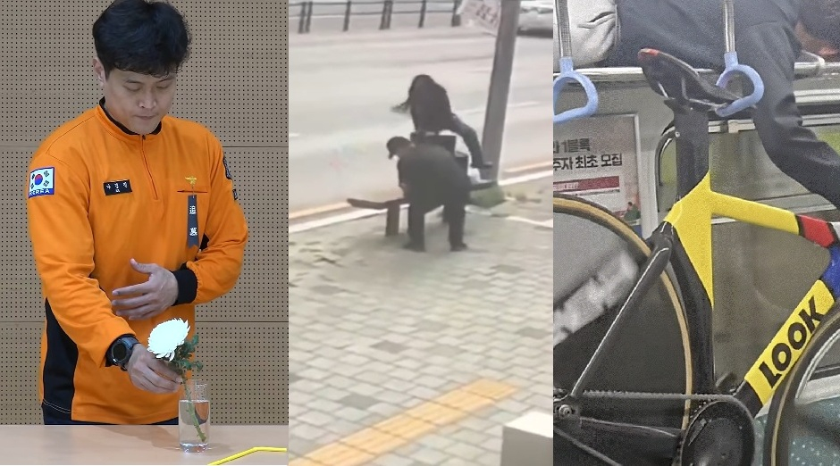 (왼쪽부터) 컵에 꽂혀있던 빨대를 빼고 국화꽃을 꽂고 있는 소방관, 도시락을 배달하는 직원을 폭행하는 대구의 한 여성, 지하철 짐칸에 엎드려 픽시자전거를 들고 있는 한 남학생의 모습/사진=SNS, 유튜브