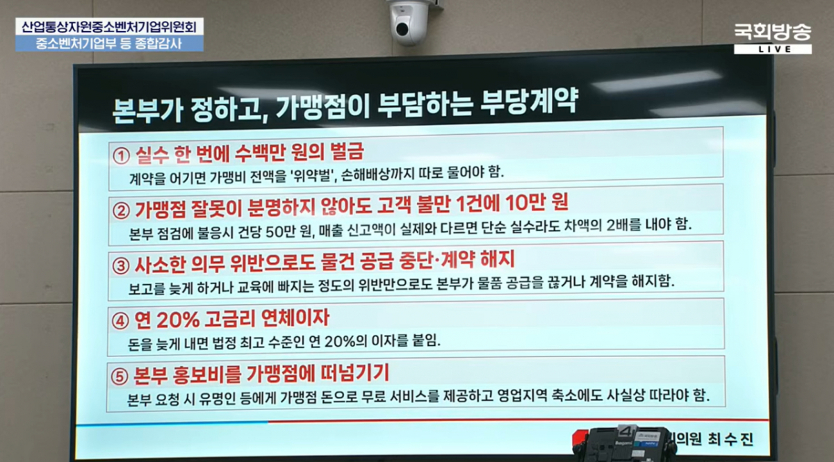 최수진 국민의힘 의원이 공개한 약손명가 가맹계약 일부 /사진=국회방송