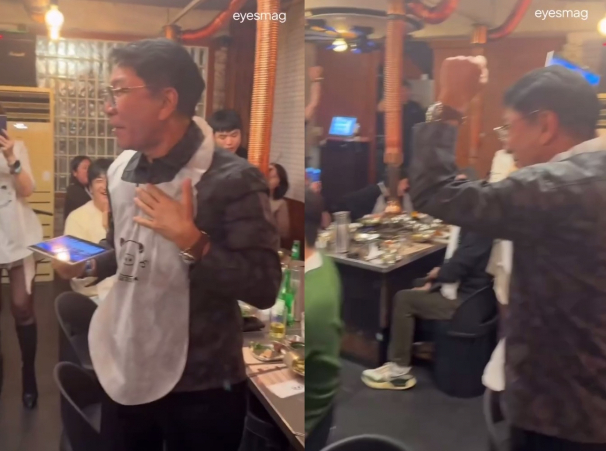 이수만이 'A2O LITE'(에이투오 라이트)의 음악방송 1위를 기념해 고깃집에서 '골든벨'을 울렸다. /사진=아이즈 매거진 인스타그램 갈무리