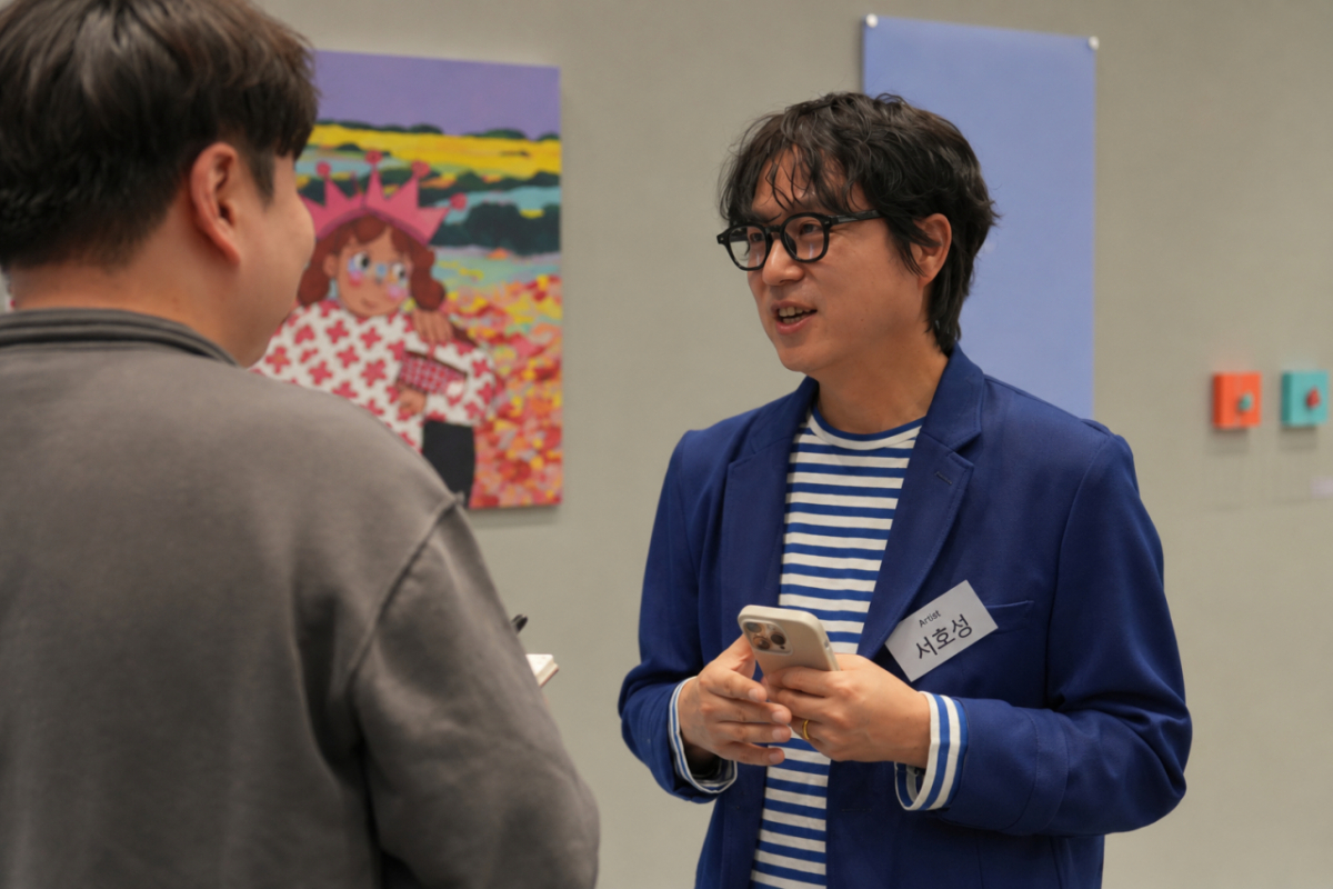 서호성 작가가 세라젬의 'Art on Art, 쉼' 전시 현장에서 기자와 만나 이야기를 나누고 있는 모습. /사진제공=세라젬