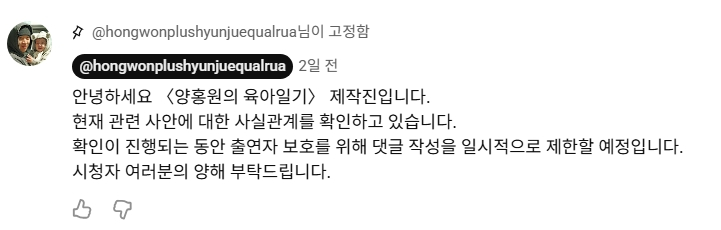 양홍원의 유튜브 채널 '양홍원의 육아일기' 제작진이 영상 댓글 기능 차단을 알린 공지 댓글. /사진=유튜브 캡처