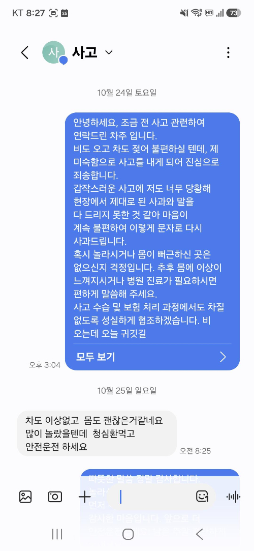 빨간불에 정지해있던 뒤에서 박았는데 선처를 받았다는 운전자의 사연이 전해져 감동을 안겼다. /사진=보배드림 캡처