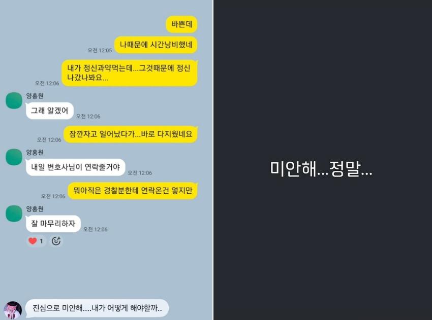 래퍼 양홍원의 불륜 의혹을 제기한 폭로자 A씨가 갑자기 양홍원에게 직접 사과했다며 메시지를 공개해 눈길을 끌었다.  /사진=양홍원 불륜 의혹 폭로자 인스타그램 캡처