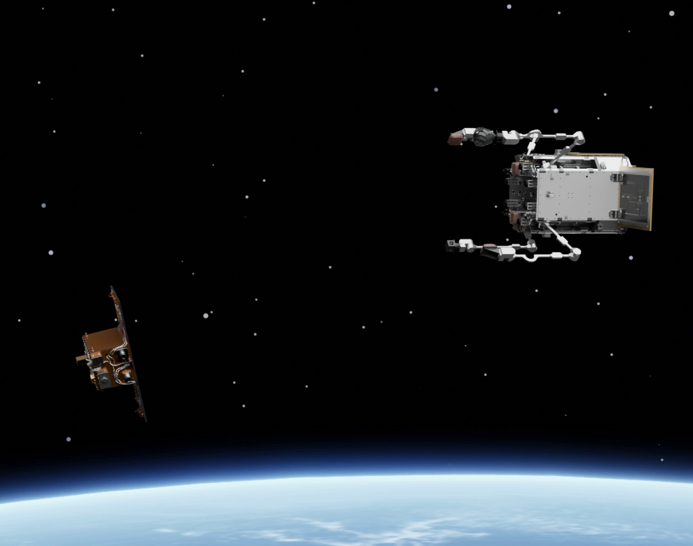 Illustration depicting the approach of an active debris removal satellite to capture space debris /Photo=Korea Aerospace Administration