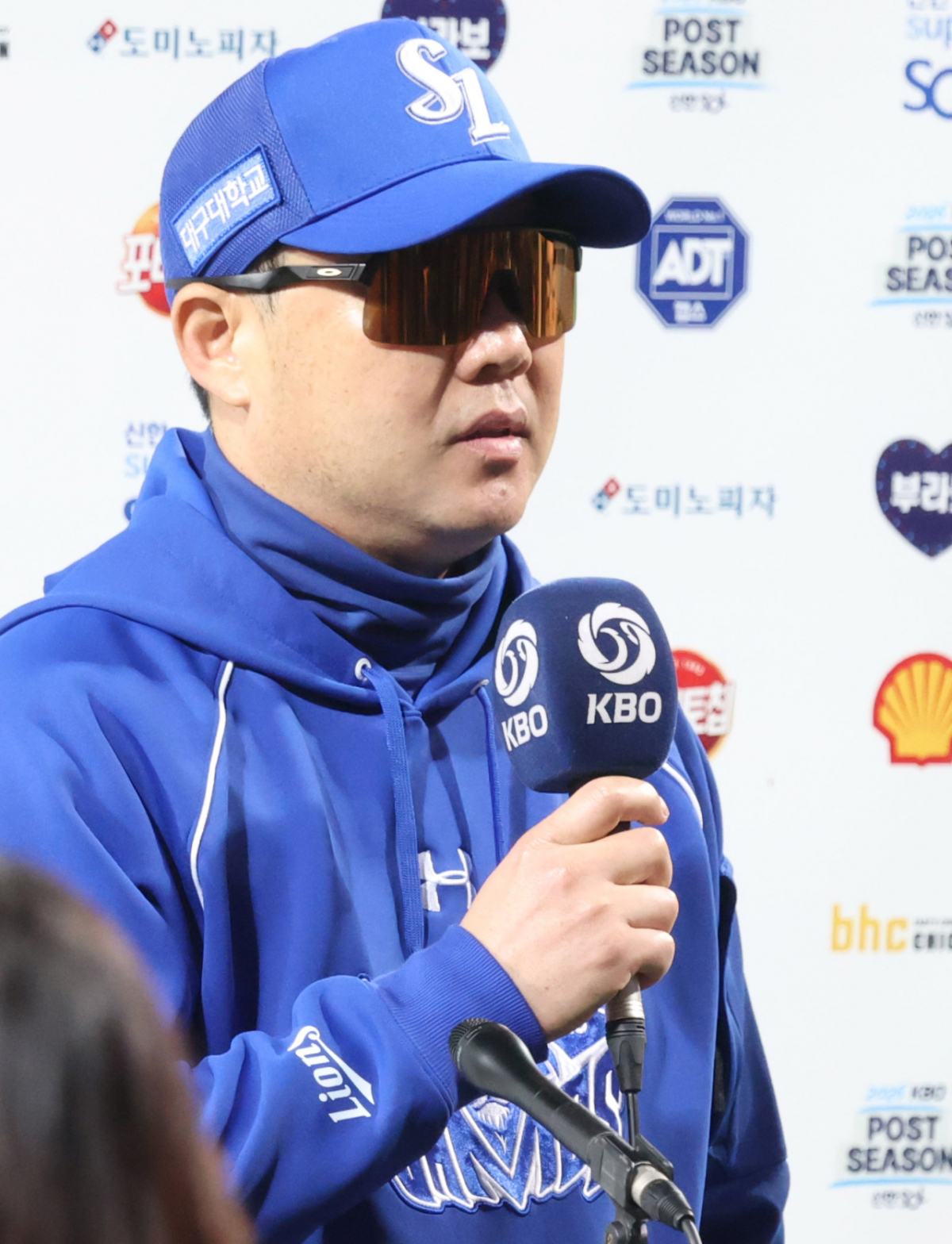 2026 KBO 포스트시즌 플레이오프(PO) 1차전 삼성 대 KIA전이 26일 대구 삼성라이온즈파크에서 열렸다. 삼성 박진만 감독이 경기 후 패장 인터뷰를 하고 있다. /사진=김진경 kim.jinkyung@