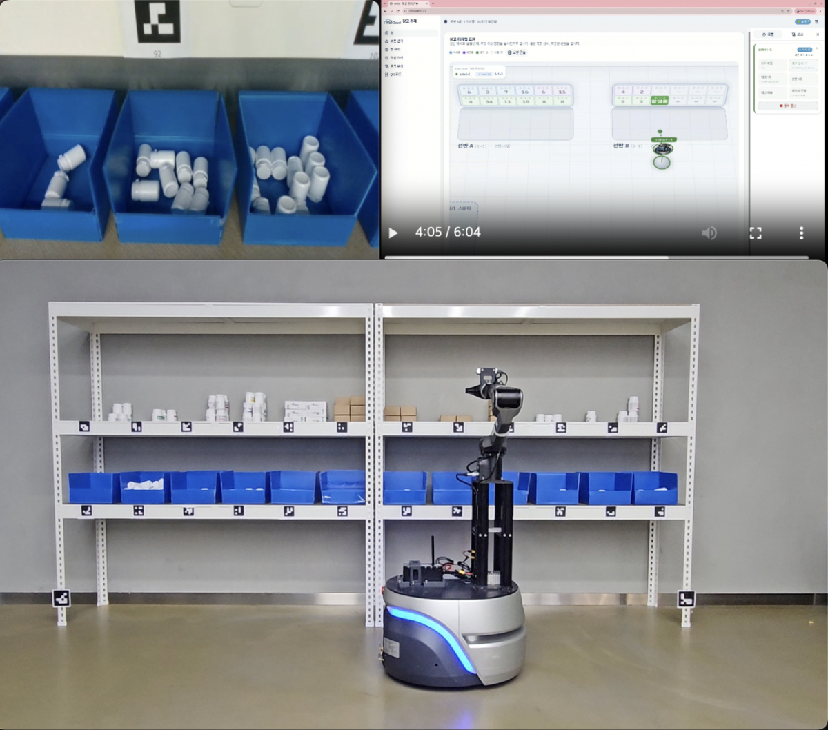 Operation of 'Physical AI' developed by M2Cloud. The screen seen by the robot (top left photo) and the digital twin (top right photo); below is the Physical AI robot. /Photo=M2Cloud
