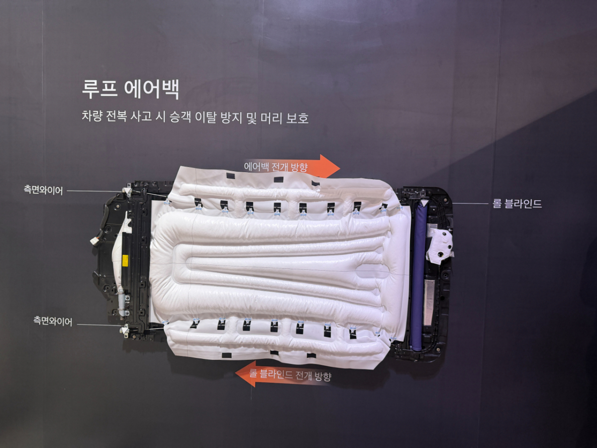 GV90에 장착된 루프 에어백의 모습. 0.08초만에 전개돼 승객을 보호한다./사진= 임찬영 기자