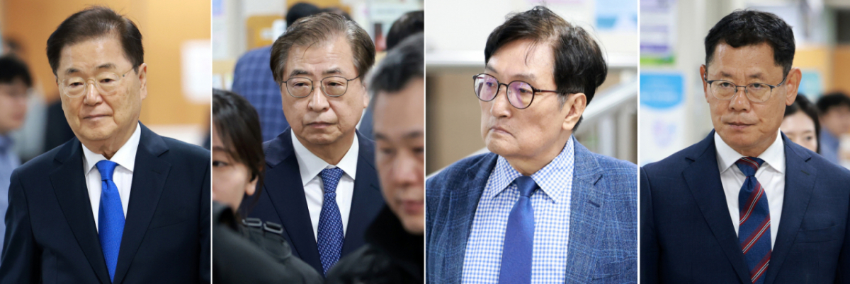 탈북어민 강제북송 혐의로 재판에 넘겨진 정의용(왼쪽사진부터) 전 청와대 국가안보실장, 서훈 전 국정원장, 노영민 전 청와대 비서실장, 김연철 전 통일부 장관이 지난 21일 오후 서울 서초구 서울고법에서 열린 항소심 선고 공판에 각각 출석하고 있다. /사진=뉴시스