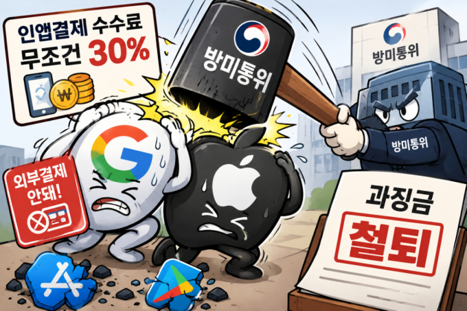 구글와 애플이 인앱결제를 강제하다 방미통위의 철퇴를 맞았다. 사진은 챗GPT로 생성한 이미지.