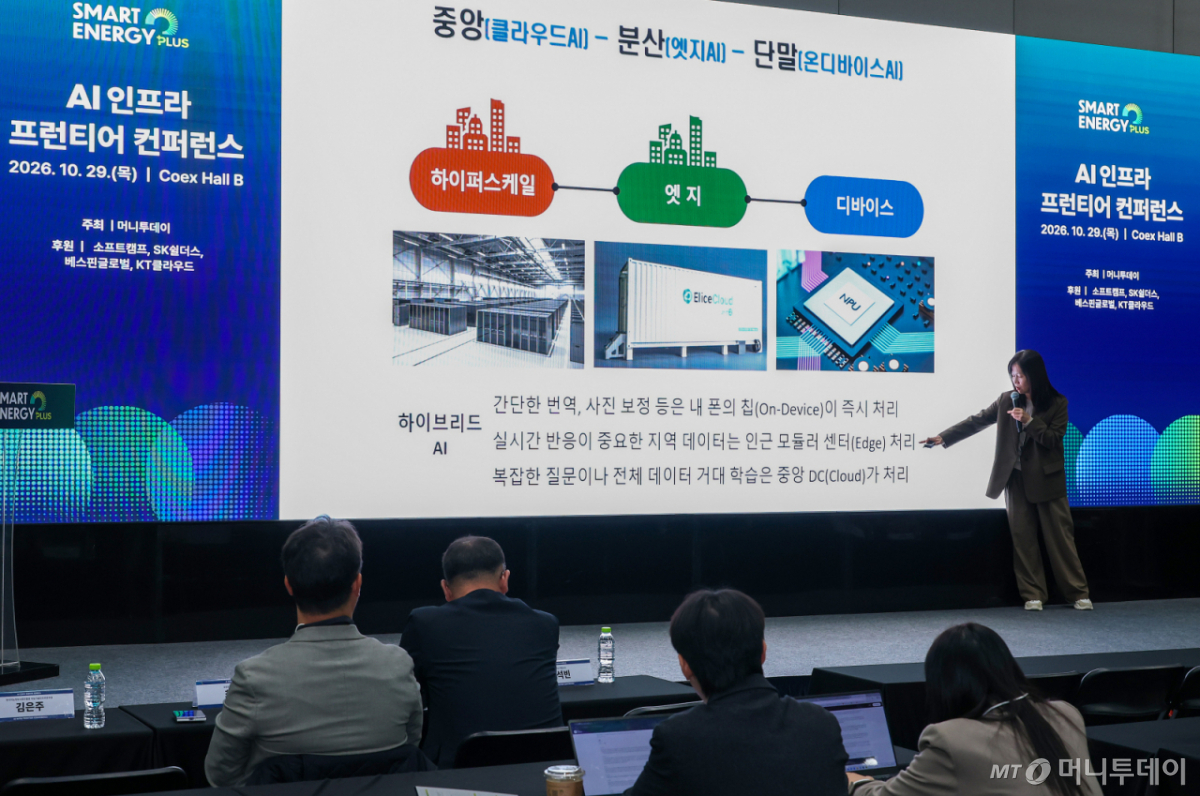 김은주 NIA 지능기술인프라본부장이 29일 서울 강남구 코엑스에서 열린 '스마트에너지플러스 2026' 오픈 스테이지 '2026 AI 인프라 프런티어 컨퍼런스'에서 '국가 AI 인프라·컴퓨팅 정책 및 산업 방향-AI 컴퓨팅 정책과 산업의 변화'에 대해 발표하고 있다. /사진=김창현 기자 chmt@