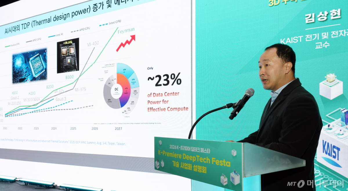 김상현 KAIST 전기 및 전자공학부 교수가 29일 서울 강남구 코엑스에서 열린 '2026 K-프리미어 딥테크 페스타'에서 'AI 반도체용 질화갈륨 기반 3D 수직 전력공급 기술'에 대해 발표하고 있다. /사진=김창현 기자 chmt@