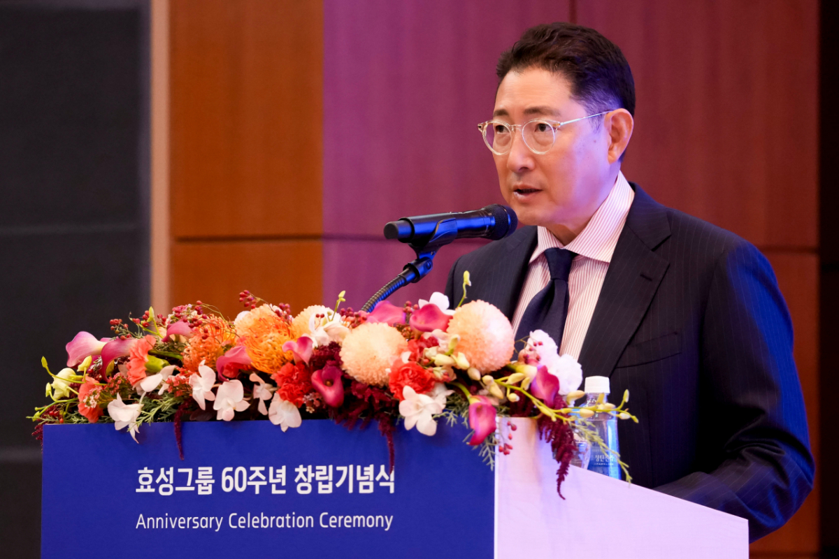 29일 효성 마포본사에서 열린 효성그룹 60주년 창립기념식에서 조현준 효성 회장이 창립기념사를 발표했다 /사진제공=효성그룹