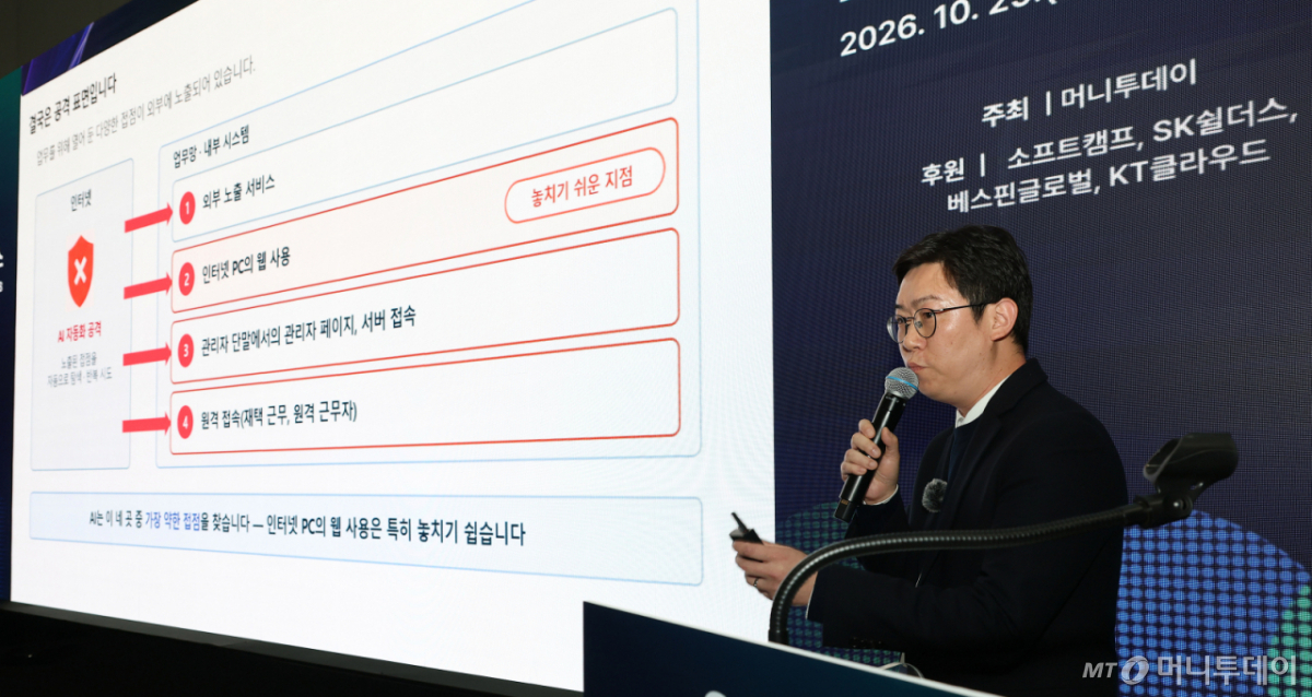 김동훈 소프트캠프 컨설팅본부 부장이 29일 서울 강남구 코엑스에서 열린 '스마트에너지플러스 2026' 오픈 스테이지 '2026 AI 인프라 프런티어 컨퍼런스'에서 'AI가 공격하고, AI가 일하는 시대의 보안'에 대해 발표하고 있다. /사진=김창현 기자 chmt@