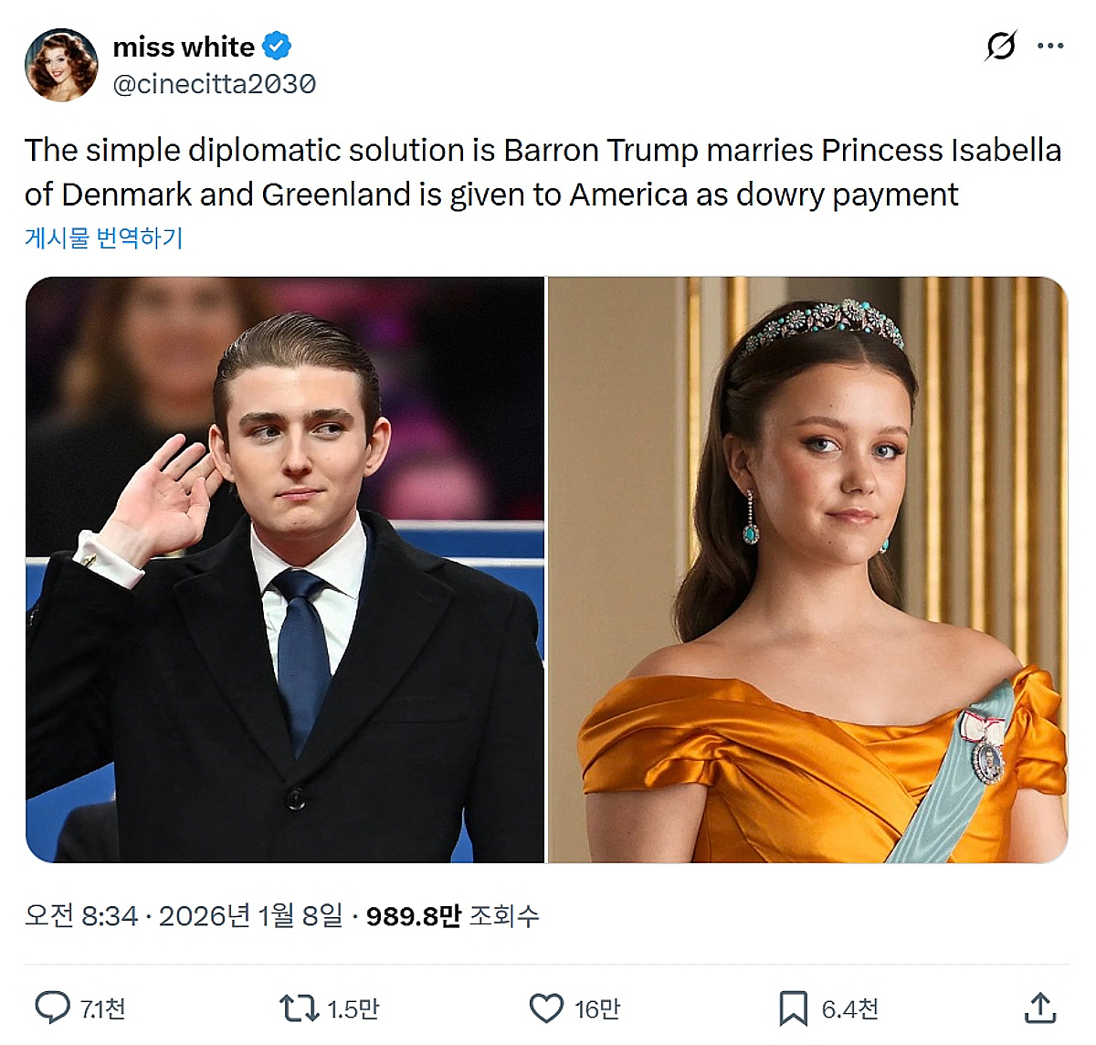 트럼프 막내아들·덴마크 공주 결혼시키자