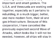 트럼프 "베네수엘라 협조적…'2차 공세' 취소"