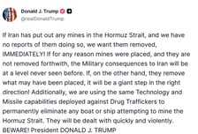 트럼프 "기뢰 부설용 선박 10척 격파...제거 안하면 수위 높일 것"