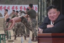 못 박힌 판자 누워 망치 '쾅쾅'...김정은 활짝 웃게 한 북한 '특수부대원'