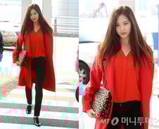 서현 공항패션, 레드 룩·호피 백으로 강렬하게…