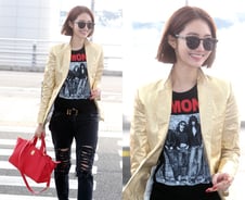 고준희 공항패션, 골드+레드 포인트…'섹시 펑크룩'