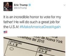 트럼프 차남, 투표용지 트위터에 공개 '또 말썽' 