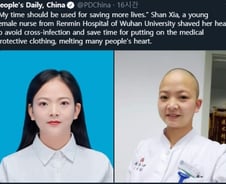'폐렴 발원지' 우한 여성간호사 삭발, 中서 화제