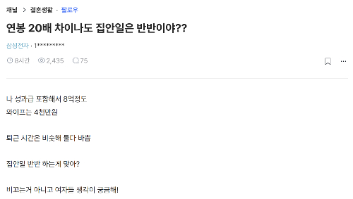 "내 연봉 8억·아내 4천만원, 집안일 반반 맞아?" 삼전 직원 글에 '와글'